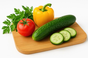 Fresh raw vegetables displayed on a chopping board with a focus on cucumber and parsley for healthy eating
