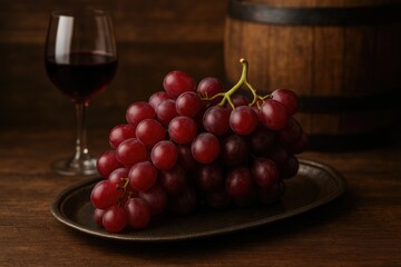 Juicy red grapes arranged on an antique metal platter alongside a rustic wooden barrel