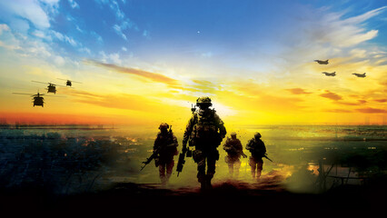 Fototapeta premium Intense battlefield scene with explosions, tanks, and military aircraft, Soldiers Marching Through a Storm-Ravaged Battlefield, Military Deployment at Sunset, War Background Army Forces, 3D render