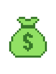 Obraz premium Pixel art icon of green money bag in retro style
