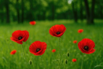 Obraz premium Vivid crimson blossoms blooming across a lush grassy landscape