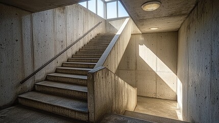 Concrete stairwell with handrail sunlight casting shadows and ceiling lights
