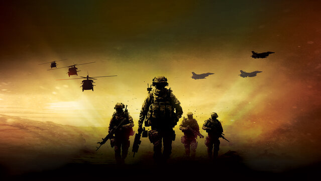 Intense battlefield scene with explosions, tanks, and military aircraft, Soldiers Marching Through a Storm-Ravaged Battlefield, Military Deployment at Sunset, War Background Army Forces, 3D render