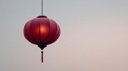 Obraz premium Red lantern gently sways in twilight sky, symbolizing Lunar New Year festivities and Mid-Autumn Festival serenity