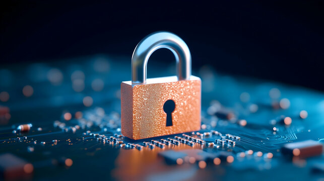 Secure digital padlock on circuit board, data protection concept