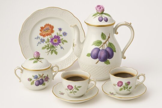 Unique ornamental porcelain set featuring Pruna relief from the royal coffee service of a historical monarch