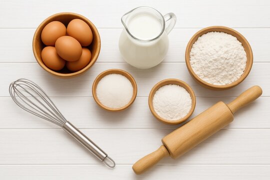 Raw brown eggs, dairy, sweetener, baking powder, mixing tool, pastry roller on a light wooden surface. Cooking ingredients. - Powered by Adobe