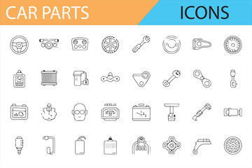 Car Parts Icon Set for Automotive Repair and Maintenance - A collection of minimalistic icons depicting various car parts including engine components, tires, batteries, and other essential automotive 