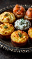 Golden cheese scones waltz alongside dill-adorned salmon bites, invoking Taste of Yule celebration and Nordic culinary traditions