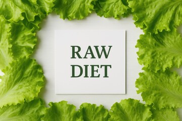 Fresh green lettuce leaves surrounding a note about a raw diet concept