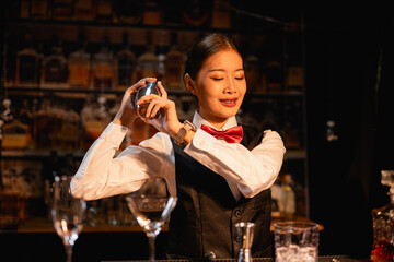  Professional female bartender preparing alcoholic drinks in a bar
