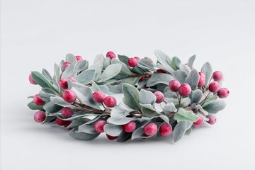 Frost-kissed silver foliage and crimson berries wreath, evoking Yuletide tranquility and Imbolc renewal amid winter's whispering embrace