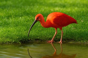 Obraz premium Scarlet bird wading through the pond in a zoo setting