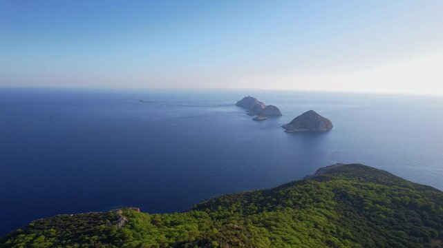 Gelidonya lighthouse Lycian Way in Antalya, Turkey Aerial top view. Concept beautiful summer landscape at sunset from drone