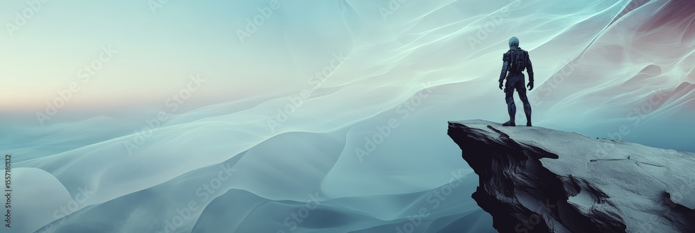 Poster astronaut standing at the edge of a cliff, gazing out over a stunning landscape of an alien planet, 
