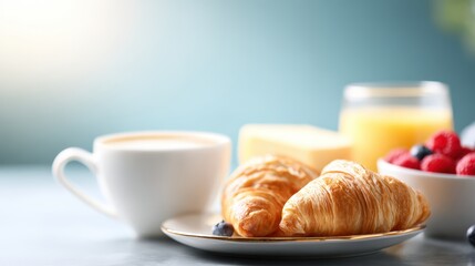 A delicious breakfast scene features two golden croissants served on a plate with fresh berries, a cup of cappuccino, orange juice, and butter.