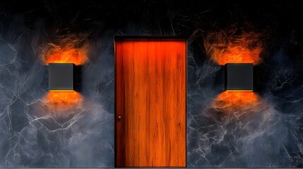 Glowing Entrance  Wooden door, dark stone wall, firelight, mystery