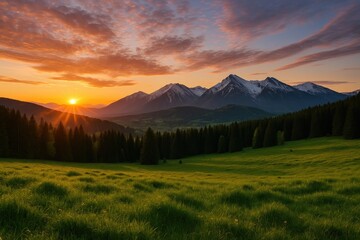 Obraz premium Majestic mountain sunset scene during springtime