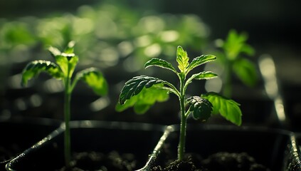 Obraz premium Close-up view of vibrant young cannabis seedlings growing in black plastic tubs, with sunlight filtering gently through the green leaves, highlighting their healthy growth indoors.