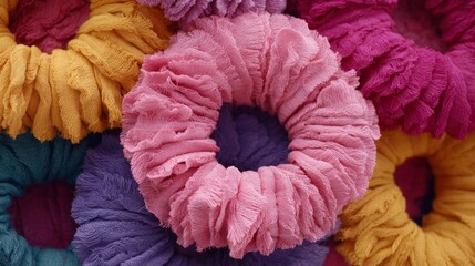 Colorful scrunchies evoke playful retro vibes, celebrating quirky fashion resurgence, and National Hair Day, textured with nostalgic whimsy