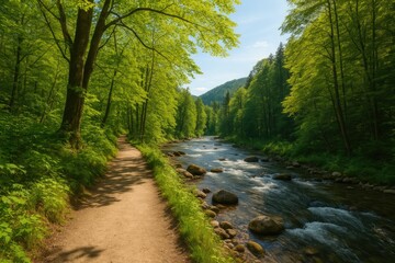 Obraz premium Picturesque hiking path through lush forest alongside a flowing river