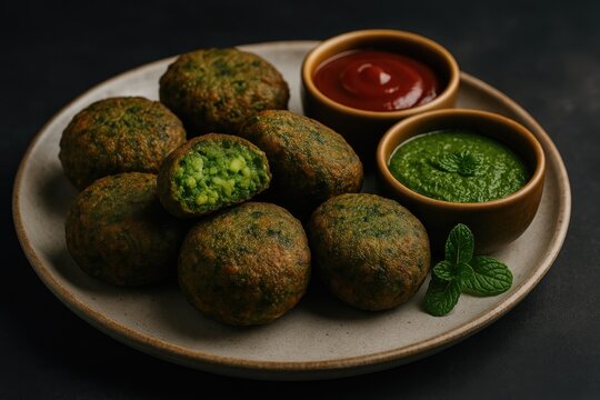 Delicious green pea fritters served with fresh tomato and mint chutney on a moody backdrop