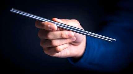 Hand holding chopsticks, dark background, Asian food