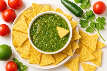 Green salsa served with crispy tortilla chips