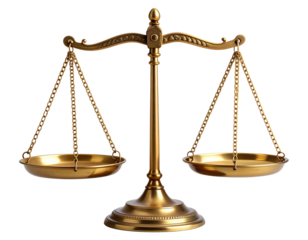 Classic brass balance scale symbolizing justice and equality, isolated on transparent background PNG