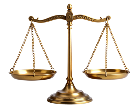 Classic brass balance scale symbolizing justice and equality, isolated on transparent background PNG