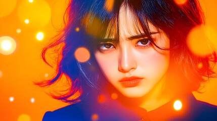 Woman, portrait, studio, bokeh, orange, moody, fashion, beauty, backdrop, ad