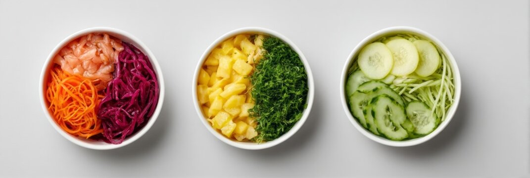 Three vibrant bowls, rainbow feast of shredded veggies; gastronomic journey, Nordic Midsummer, and Vegan Month inspiration