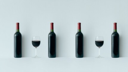 Dark velvety wine bottles flute against minimalist serenity, echoing St Vincent's Day indulgence and quirky parallelism