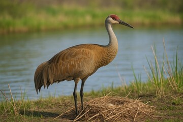 Naklejka premium Wild Sandhill Crane Close to Its Nest in a Natural Habitat