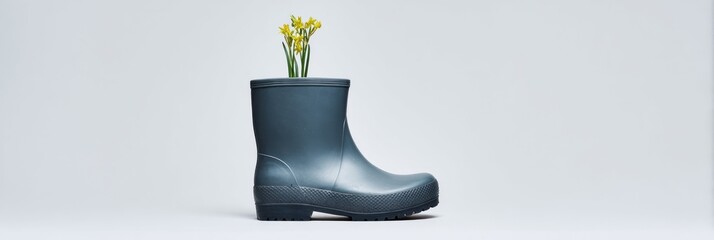 Rubber boot with blossoming daffodils, quirky Earth Day symbol, renewing metamorphosis, charmingly whimsical eco-decoration, sustainable improvisation