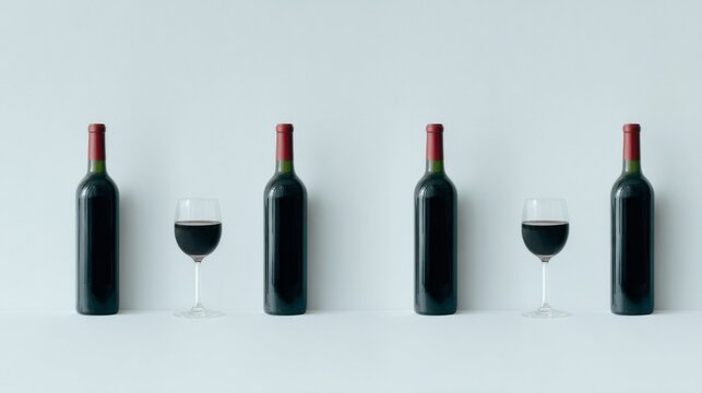 Dark velvety wine bottles flute against minimalist serenity, echoing St Vincent's Day indulgence and quirky parallelism