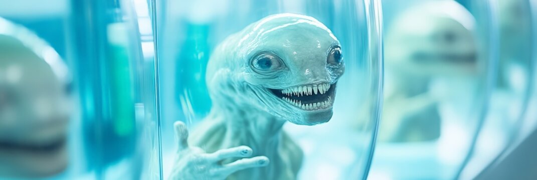 Friendly alien waving from within a glass cylinder in a laboratory, embodying the essence of extraterrestrial life and the excitement of scientific research and discovery