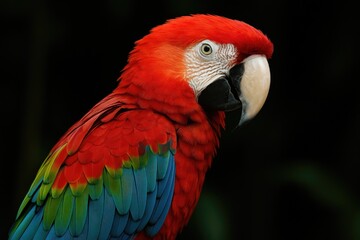 Obraz premium Detailed portrait of a vibrant scarlet macaw against a dark backdrop