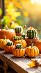 Autumn photo of pumpkin shaped planters with cactus plants inside