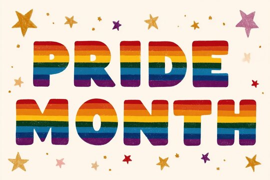Bold 'Pride Month' typography in vibrant rainbow colors