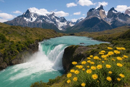 Spectacular cascade at Torres del Paine National Park's famous waterfall