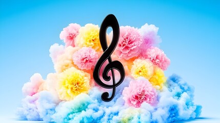 Pastel flower cloud, treble clef, spring music backdrop