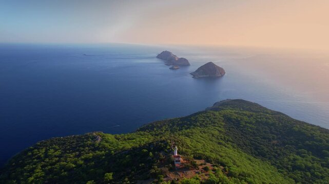 Aerial view Gelidonya lighthouse on Lycian Way Antalya, beautiful summer travel Turkey landscape