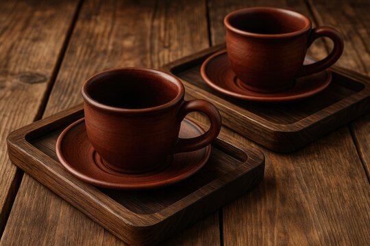 Vintage terracotta coffee mugs arranged on wooden trays on a rustic table