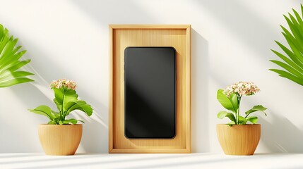 Phone mockup, wooden frame, plants, sunlight, minimalist room