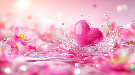 Pink heart splashing in water, flower petals, sunrise