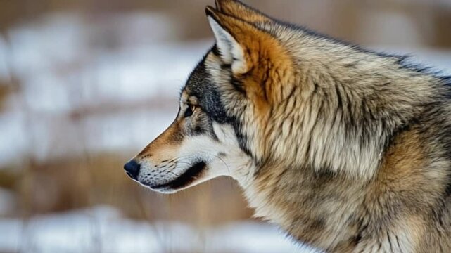 Close-up profile of a majestic wolf in a snowy landscape, highlighting its fur and natural habitat