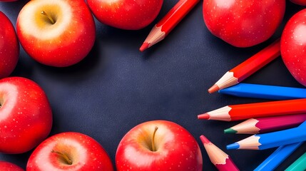 Red apples, colored pencils frame, dark background, back-to-school