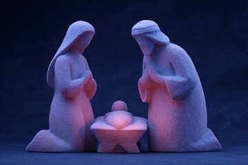 Cozy ethereal nativity scene, alabaster figures embracing Christmas luminescence, celebrating Epiphany and Candlemas with serene reverence