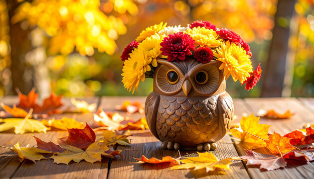 Autumn photo of owl shaped planter filled with fall leaves